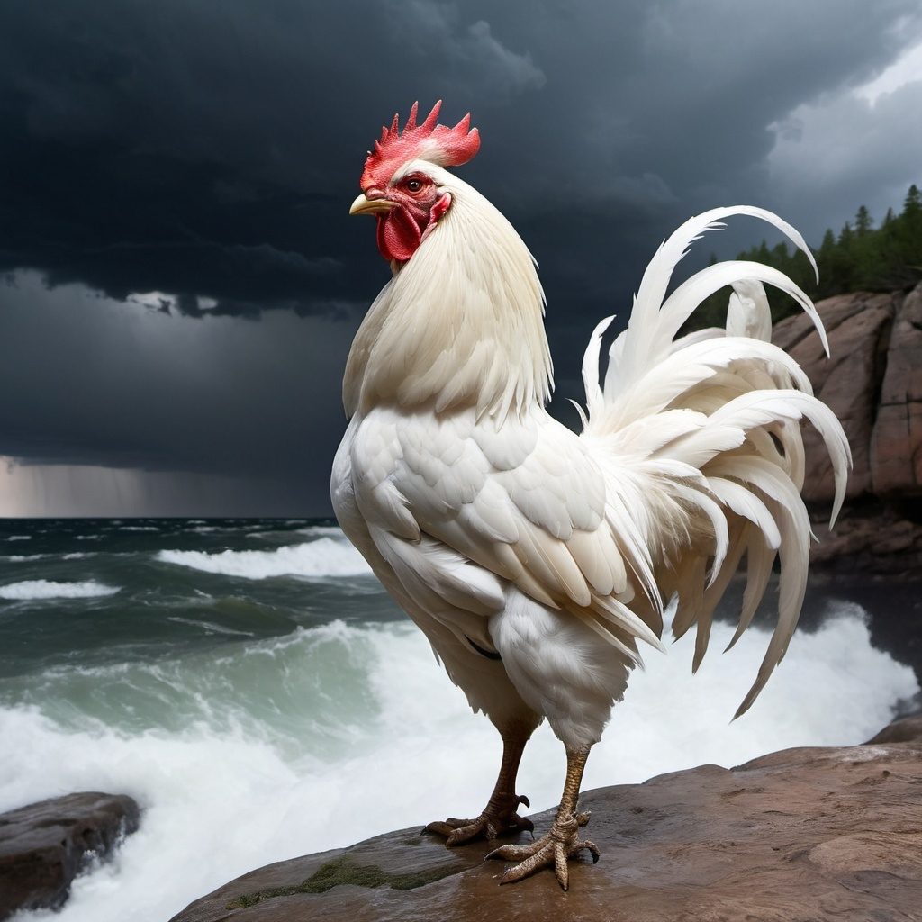 Biały kogut z rozwianymi piórami. Stoi na skale i patrzy na trwający sztorm.